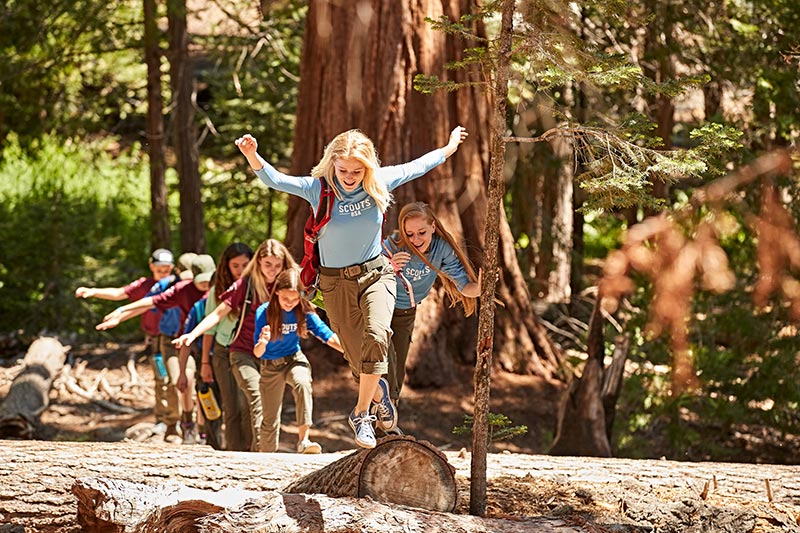 Scouts hiking through woods